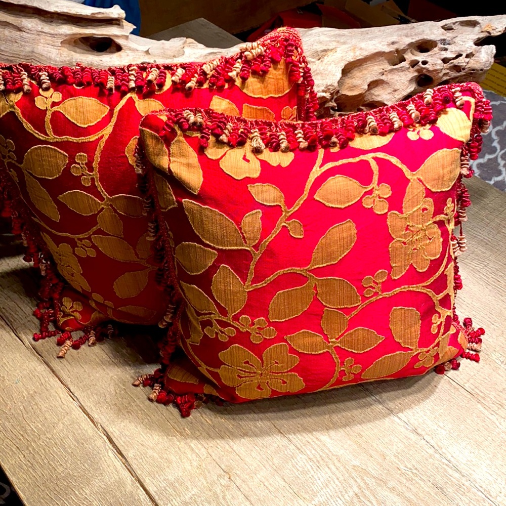 Rich red n gold silk feather down accent pillows